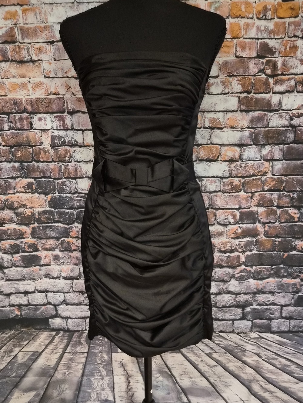 Jessica McClintock Strapless Black Ruched Cocktail Dress with Waist Bow Accent